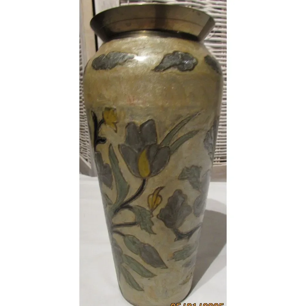 Vintage vase cloisonne enamel on copper floral design gold color flowers